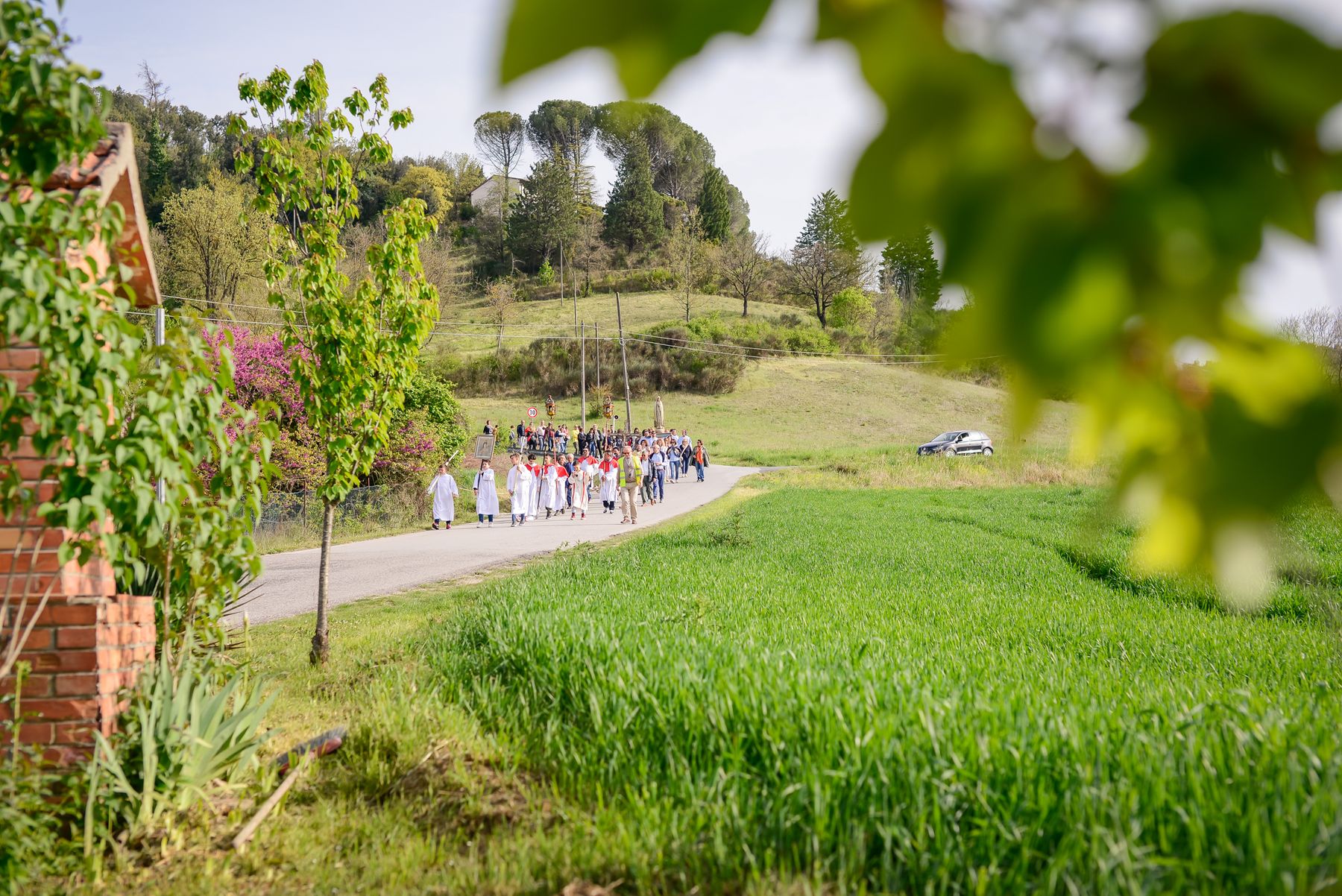 La processione attraversa la campagna tra le colline di Gaglietole